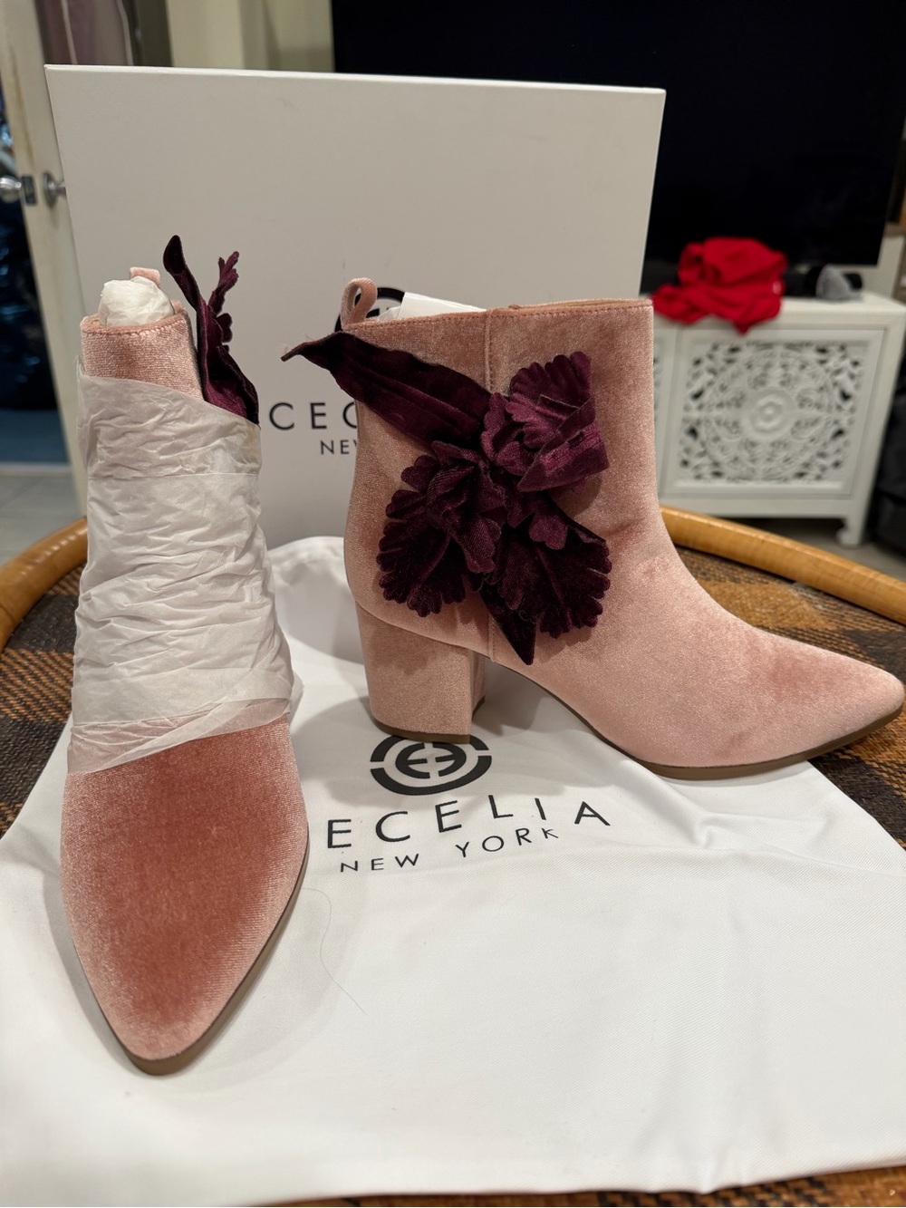 CECELIA NEW YORK Dusty Pink Velvet Ankle Boots with Burgundy Floral Appliqué